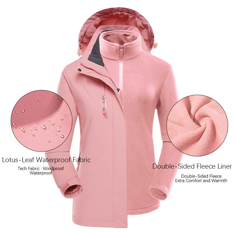Women's 3 in 1 Fashion Jacket Outdoor Travel Camping Waterproof Detachable Hooded Jacket Autumn and Winter Windproof Warm Coat