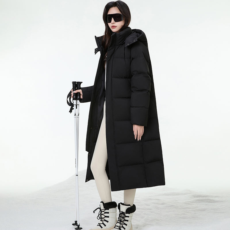 Women Fashion Long Down Jacket Hooded 95% White Duck Down Windproof Warm Outerwear Winter Thick Loose Leisure Puffer Coat