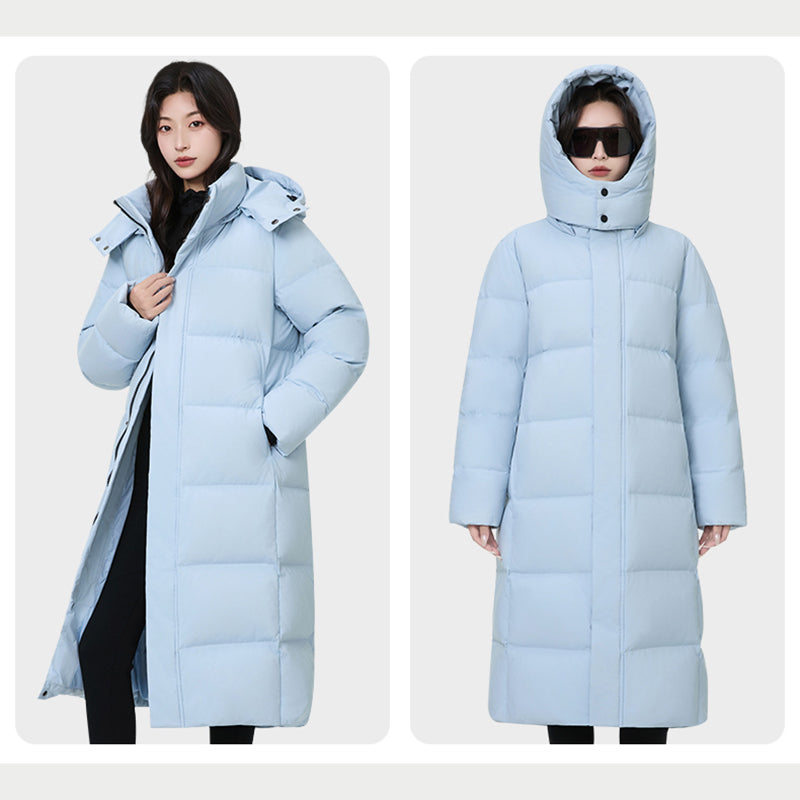 Women Fashion Long Down Jacket Hooded 95% White Duck Down Windproof Warm Outerwear Winter Thick Loose Leisure Puffer Coat