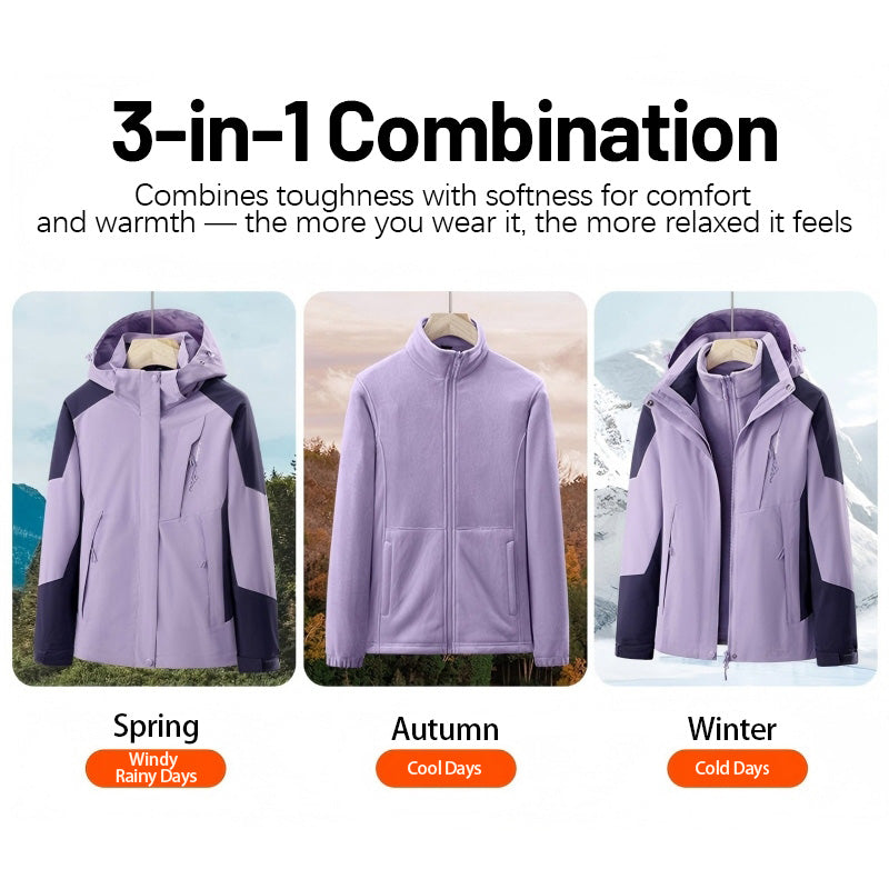 Women Outdoor Casual Waterproof Jacket Autumn Winter Warm Inner Lining 3 In 1 Coat Hiking Windproof Detachable Hat Outerwear