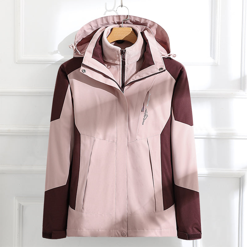Women Outdoor Casual Waterproof Jacket Autumn Winter Warm Inner Lining 3 In 1 Coat Hiking Windproof Detachable Hat Outerwear