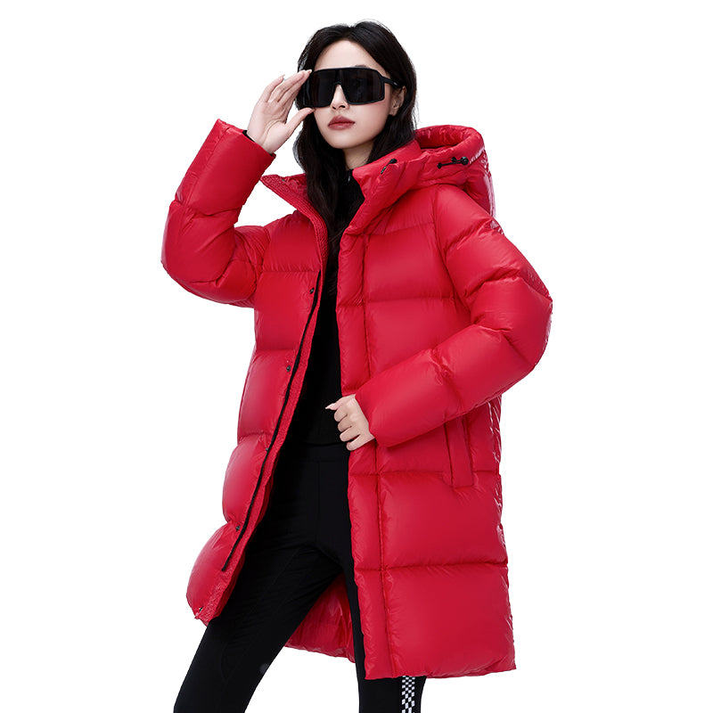 Women Thick Warm Loose Down Jacket White Duck Down Fashion Outerwear Hooded Winter Outdoor Windproof Leisure Long Puffer Coat