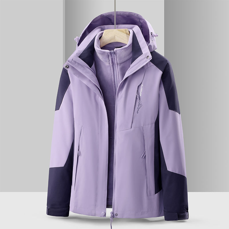 Women Outdoor Casual Waterproof Jacket Autumn Winter Warm Inner Lining 3 In 1 Coat Hiking Windproof Detachable Hat Outerwear