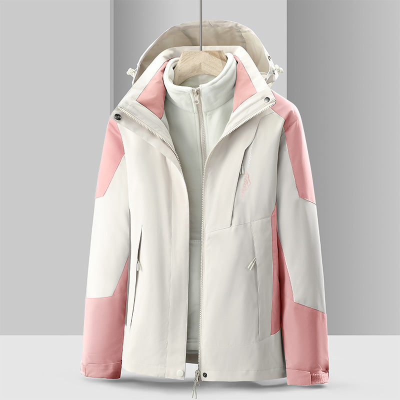 Women Outdoor Casual Waterproof Jacket Autumn Winter Warm Inner Lining 3 In 1 Coat Hiking Windproof Detachable Hat Outerwear