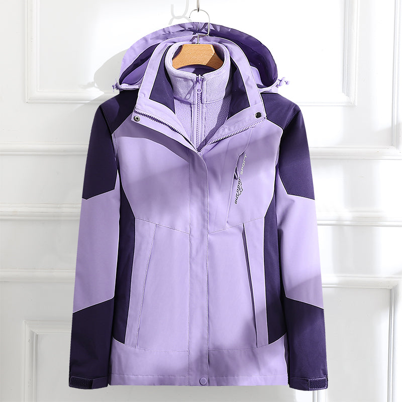Women Outdoor Casual Waterproof Jacket Autumn Winter Warm Inner Lining 3 In 1 Coat Hiking Windproof Detachable Hat Outerwear