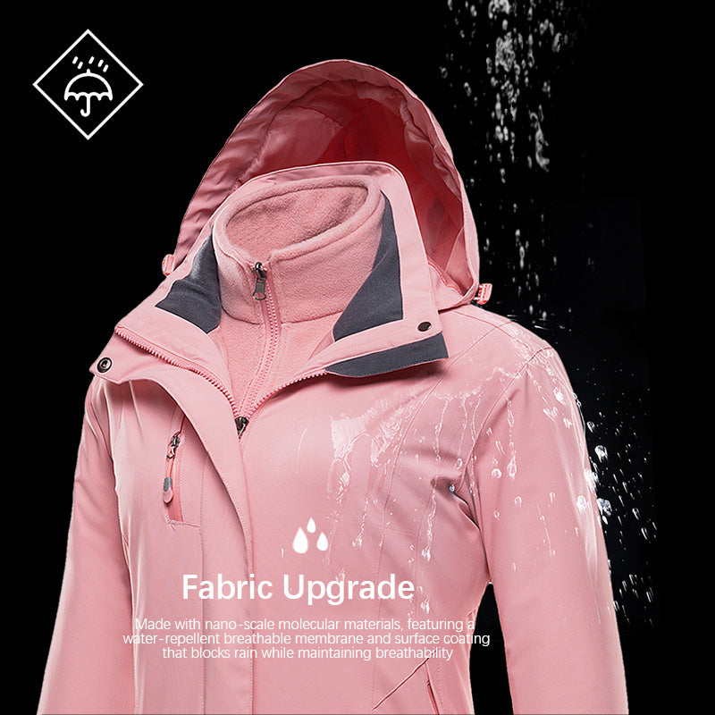 Women's 3 in 1 Fashion Jacket Outdoor Travel Camping Waterproof Detachable Hooded Jacket Autumn and Winter Windproof Warm Coat