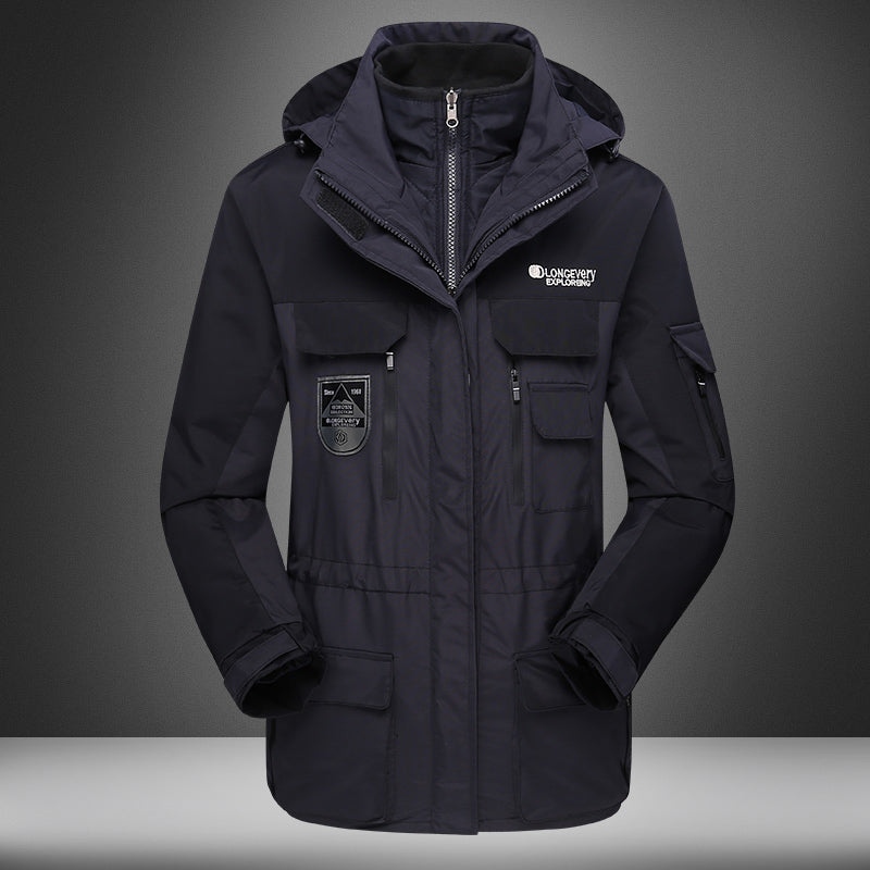 Unisex Casual 3 In 1 Jacket Autumn Winter Warm Inner Lining Coat Outdoor Hiking Waterproof Windproof Detachable Hat Outerwear