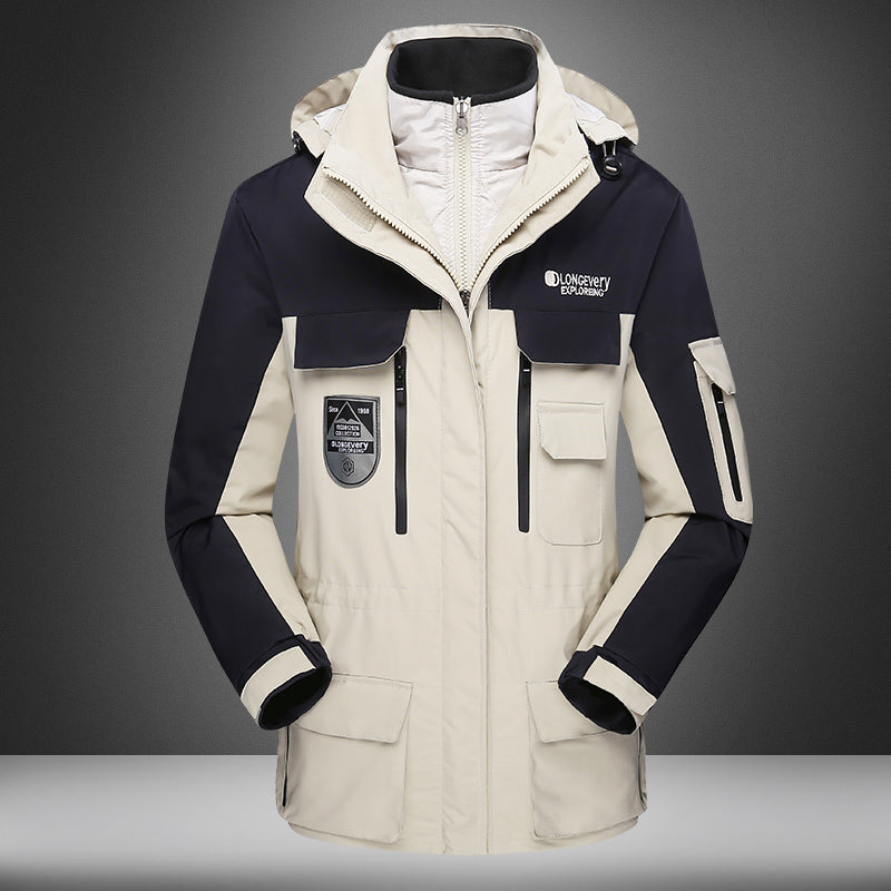 Unisex Casual 3 In 1 Jacket Autumn Winter Warm Inner Lining Coat Outdoor Hiking Waterproof Windproof Detachable Hat Outerwear