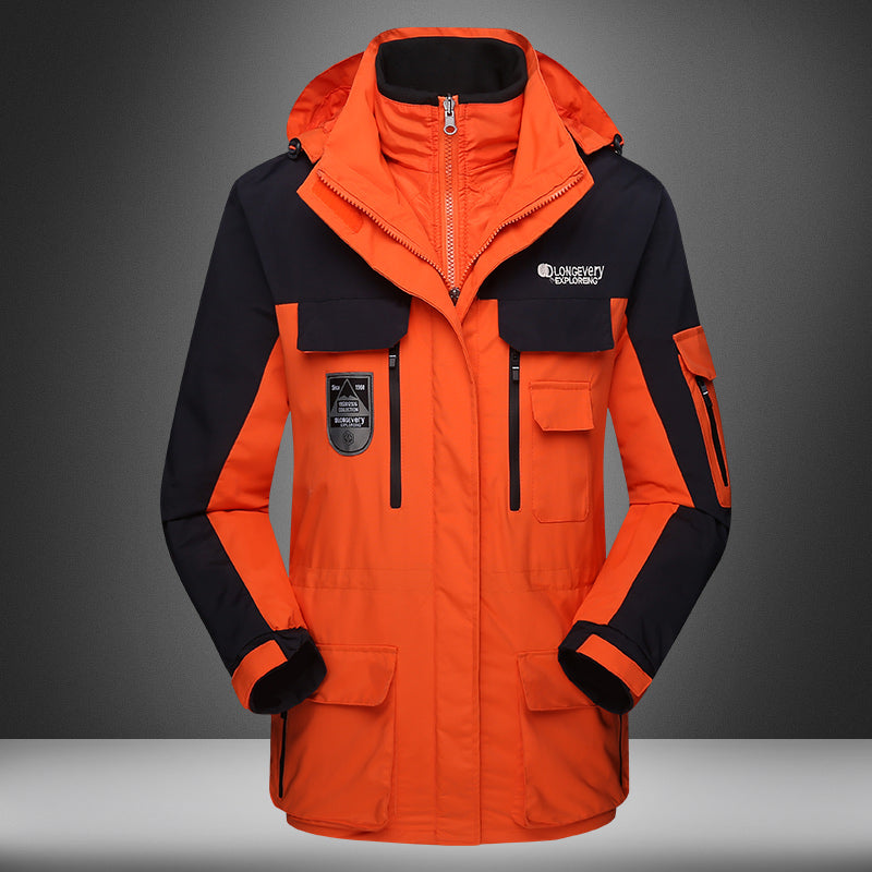 Unisex Casual 3 In 1 Jacket Autumn Winter Warm Inner Lining Coat Outdoor Hiking Waterproof Windproof Detachable Hat Outerwear