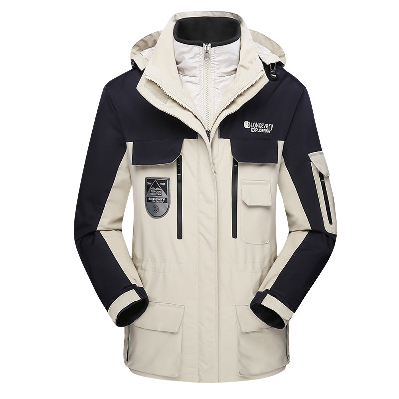 Unisex Casual 3 In 1 Jacket Autumn Winter Warm Inner Lining Coat Outdoor Hiking Waterproof Windproof Detachable Hat Outerwear