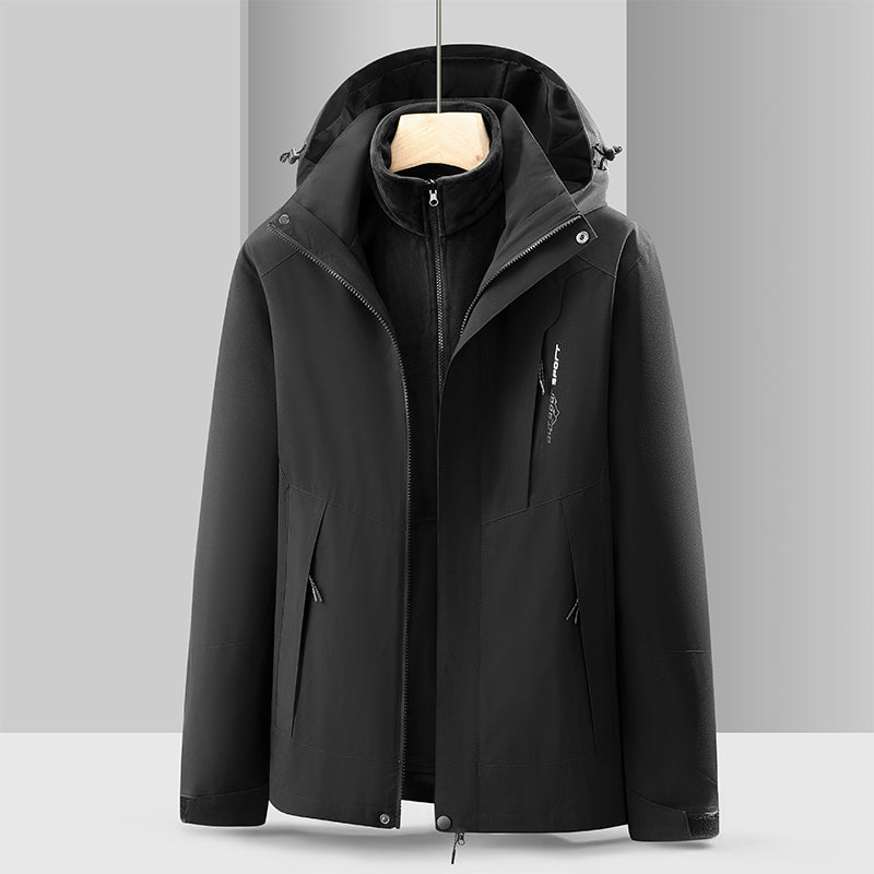 Men's Outdoor Waterproof Jacket Autumn Winter 3 In 1 Plush Warm Inner Lining Coat Travel Hiking Detachable Hat Outerwear