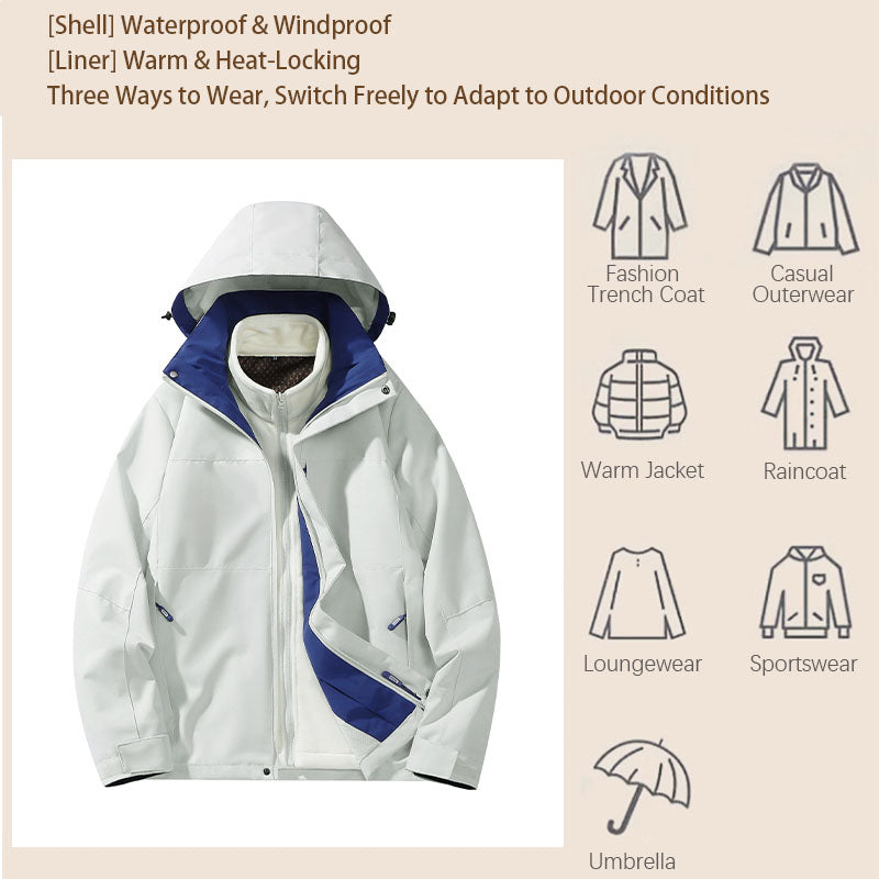 Women Fashion 3 In 1 Fleece Jacket Autumn Winter Warm Inner Lining Outerwear Outdoor Hiking Camping Sports Detachable Hat Coat