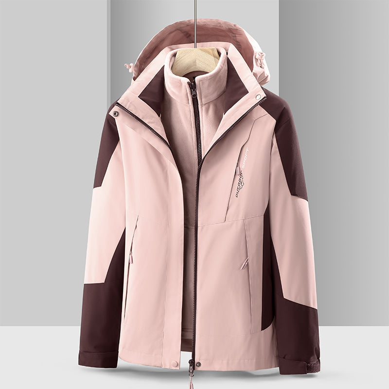 Women Outdoor Casual Waterproof Jacket Autumn Winter Warm Inner Lining 3 In 1 Coat Hiking Windproof Detachable Hat Outerwear