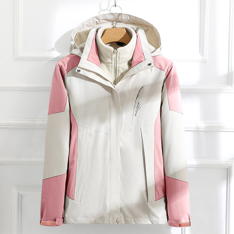 Women Outdoor Casual Waterproof Jacket Autumn Winter Warm Inner Lining 3 In 1 Coat Hiking Windproof Detachable Hat Outerwear