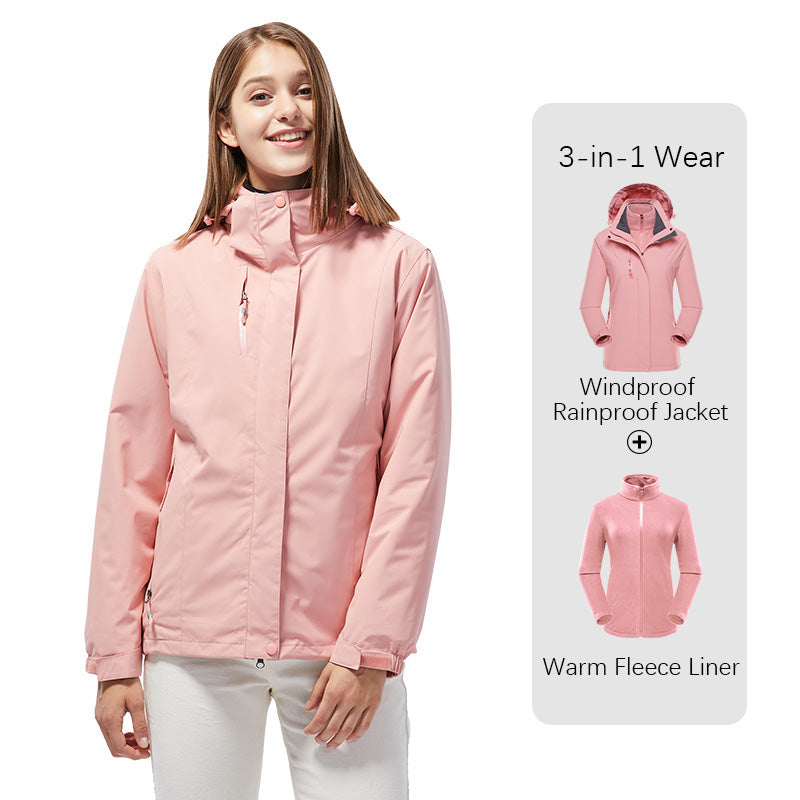 Women's 3 in 1 Fashion Jacket Outdoor Travel Camping Waterproof Detachable Hooded Jacket Autumn and Winter Windproof Warm Coat